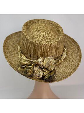 Vintage Gold Woven Straw Hat Statement Wide Brim Beaded Band USA Made 1980s